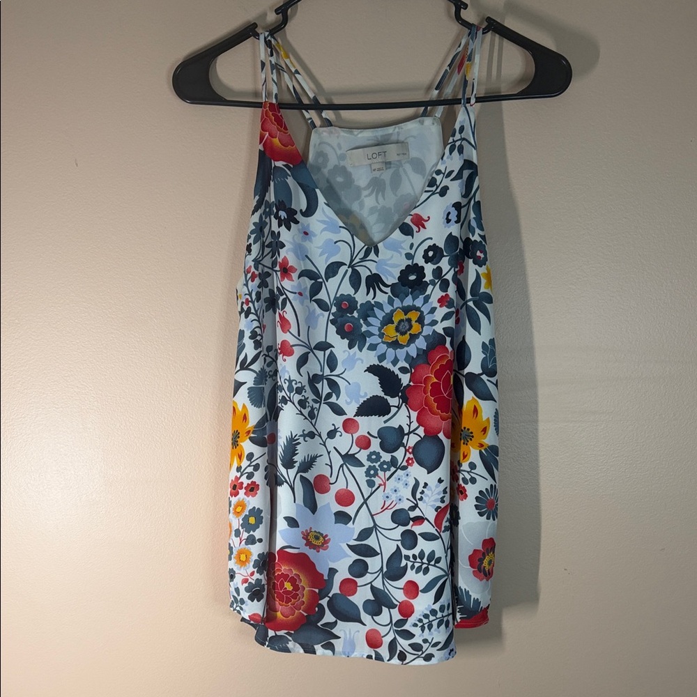 LOFT Light Blue Floral V-Neck Double-Strap Cami with Red & Yellow Blooms